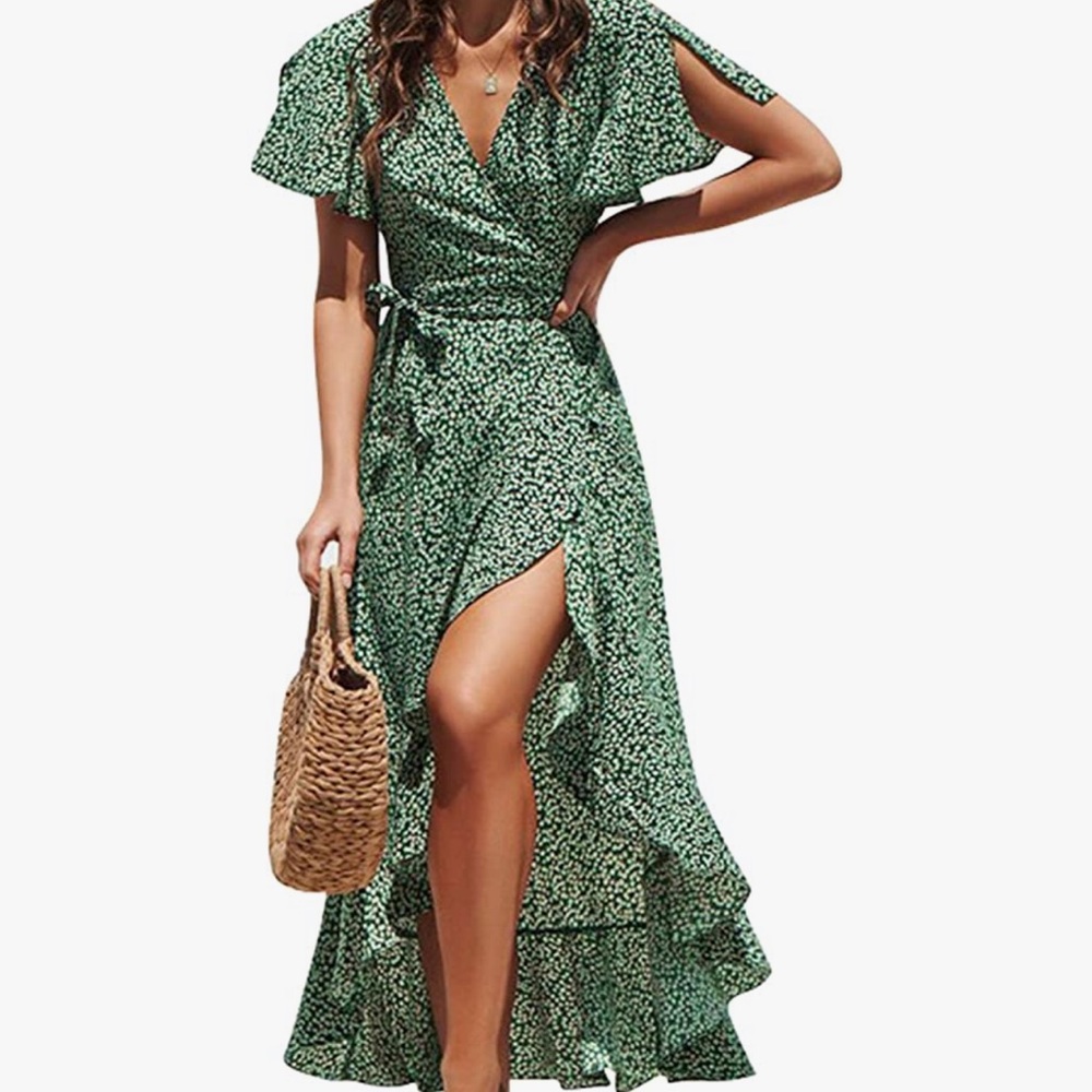 Green flower wrap midi dress